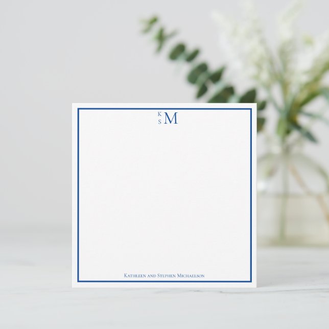Tarjeta Pequeña Monograma Boda de la pareja blanca azul elegante (Anverso de pie)