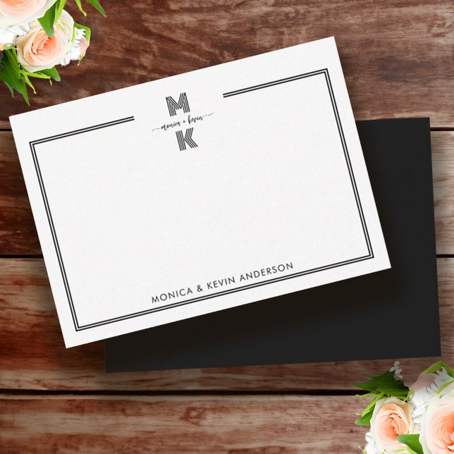 Tarjeta Pequeña Monograma Boda Pareja Blanco Negro Elegante Simple (Wedding Couple Black White Elegant Simple Monogram Note Card)