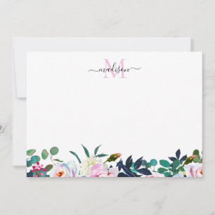 Tarjeta Pequeña Monograma Botánico Girly Floral Rubor Pink Peony