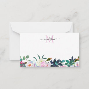 Tarjeta Pequeña Monograma botánico Sleek Floral Rubor Pink Peony