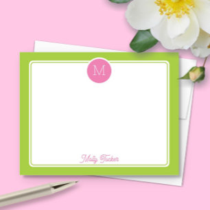Tarjeta Pequeña Monograma Circular Elegante Rosa y Verde Lima