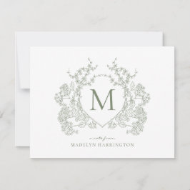 Tarjeta Pequeña Monograma clásico del Escudo floral verde de sabio