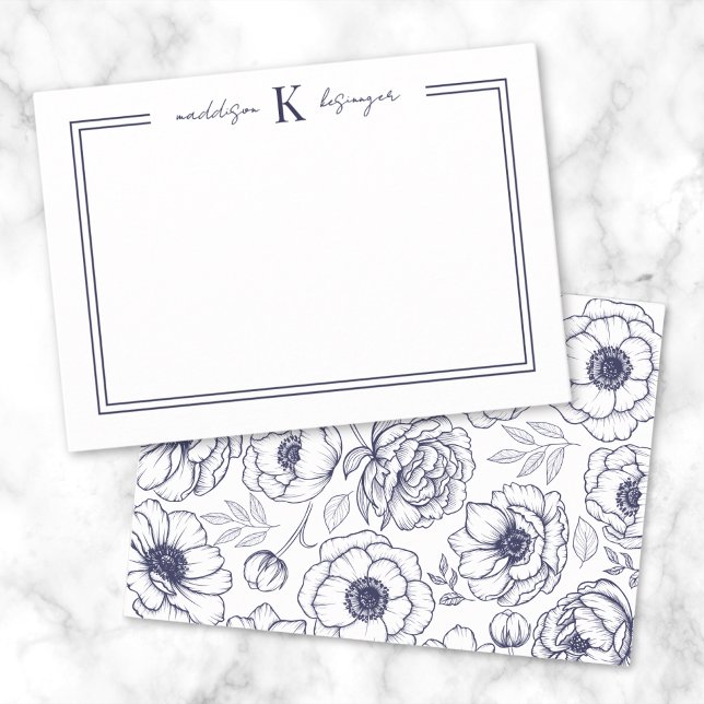 Tarjeta Pequeña Monograma con nombre floral azul de la marina (Navy Blue Floral Name Monogram Note Card)