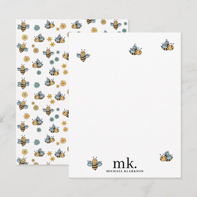 Tarjeta Pequeña Monograma de Abejas de miel Cute (Anverso / Reverso)