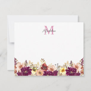 Tarjeta Pequeña Monograma de acuarela floral de ciruela floral de