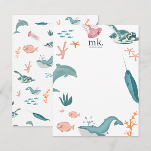 Tarjeta Pequeña Monograma de acuarela Ocean Sea Animals