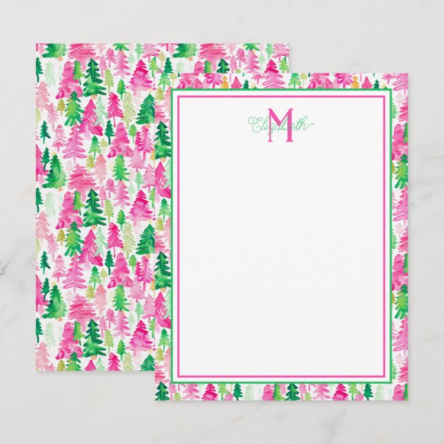 Tarjeta Pequeña Monograma de árboles de Navidad verde y rosa perri (Anverso / Reverso)