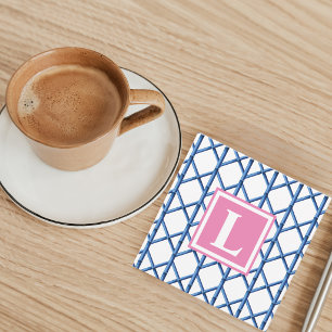 Tarjeta Pequeña Monograma de Bambú con Enrejado Azul Preppy / Pers