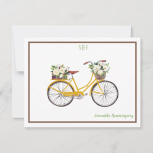 Tarjeta Pequeña Monograma de bicicleta floral de color blanco