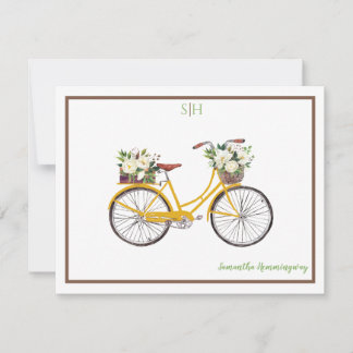 Tarjeta Pequeña Monograma de bicicleta floral de color blanco