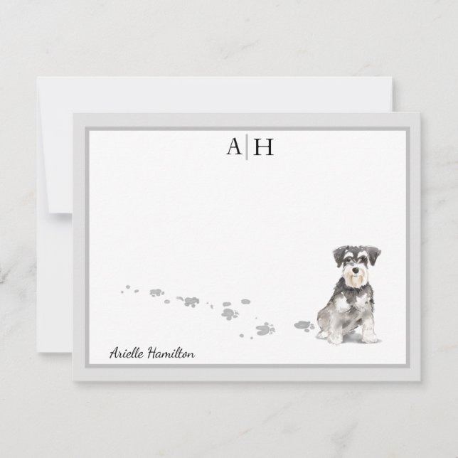 Tarjeta Pequeña Monograma de borde gris Schnauzer personalizado (Anverso)