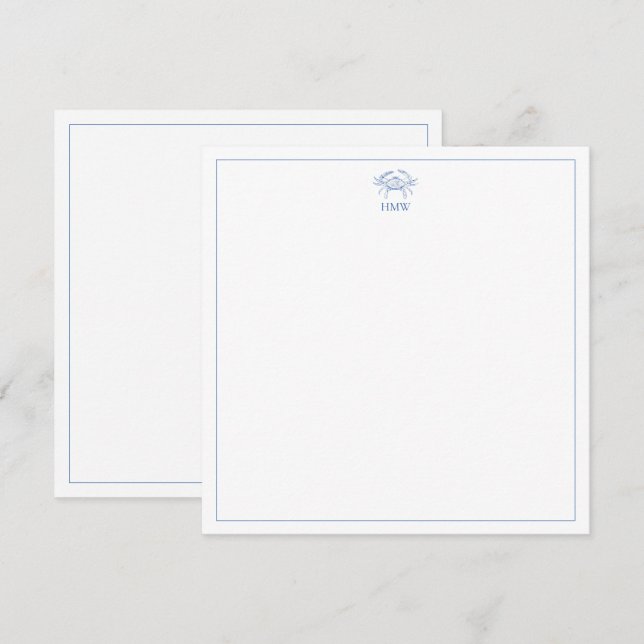 Tarjeta Pequeña Monograma de cangrejo blanco y azul costero (Anverso / Reverso)