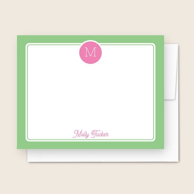 Tarjeta Pequeña Monograma de Círculo Preppy Rosa y Verde (Subido por el creador)