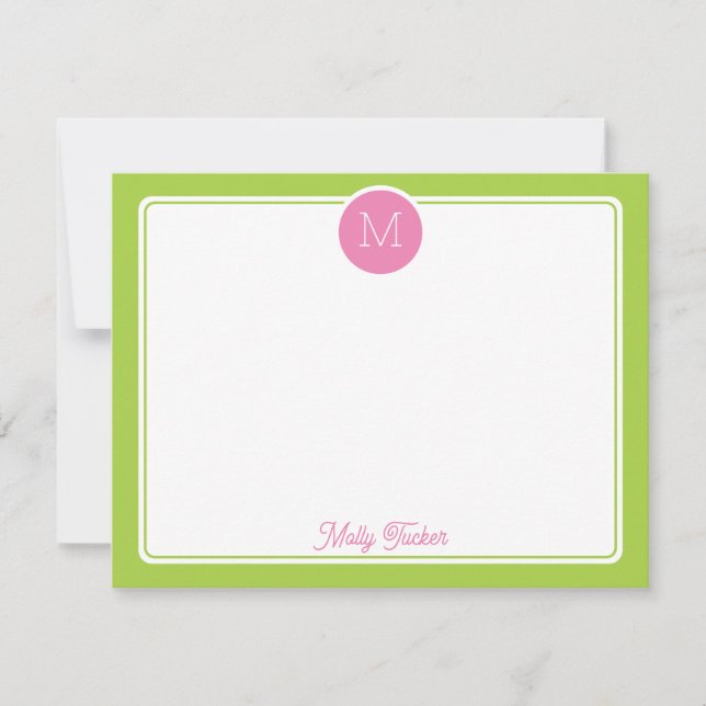 Tarjeta Pequeña Monograma de Círculo Preppy Rosa y Verde Lima (Anverso)