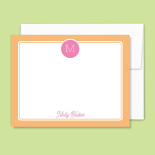 Tarjeta Pequeña Monograma de Círculo Rosa y Naranja Sherbet Preppy