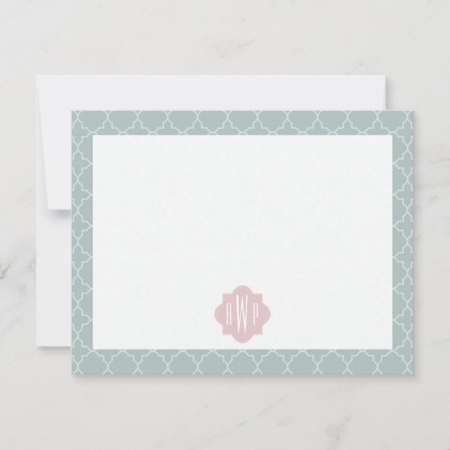 Tarjeta Pequeña Monograma de cuatrefoil rosa y verde (Anverso)