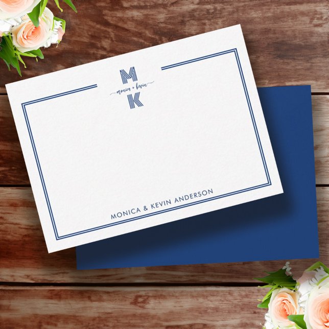Tarjeta Pequeña Monograma de dos bordes azul de la marina Minimali (Minimalist Navy Blue Two Border Monogram Note Card)