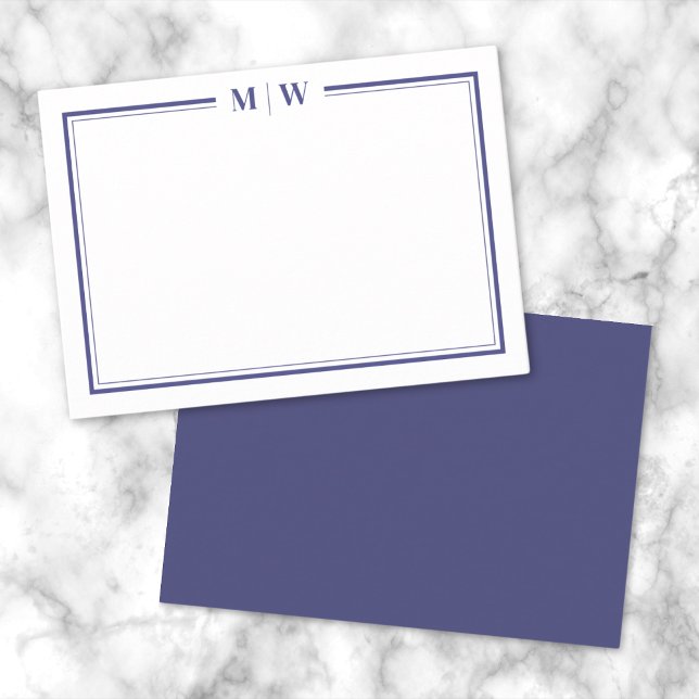 Tarjeta Pequeña Monograma de dos bordes azul de la marina minimali (Minimalist Navy Blue Two Border Monogram Note Card)