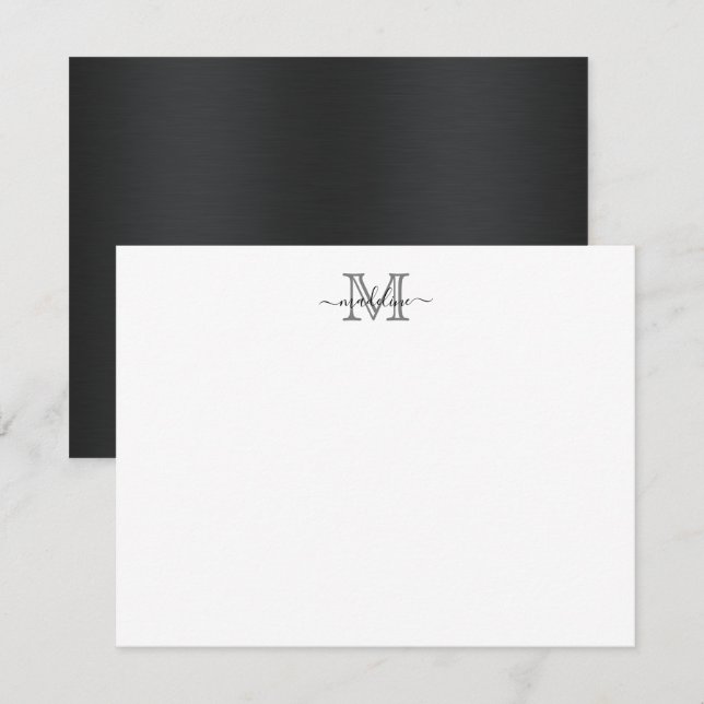 Tarjeta Pequeña Monograma de escritura gris negro Metalizado cepil (Anverso / Reverso)