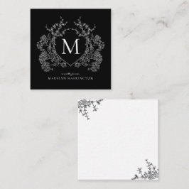 Tarjeta Pequeña Monograma de Escudo floral blanco y negro moderno