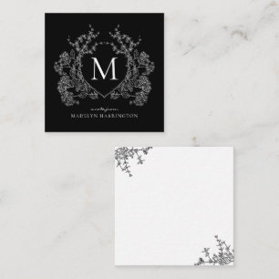 Tarjeta Pequeña Monograma de Escudo floral blanco y negro moderno