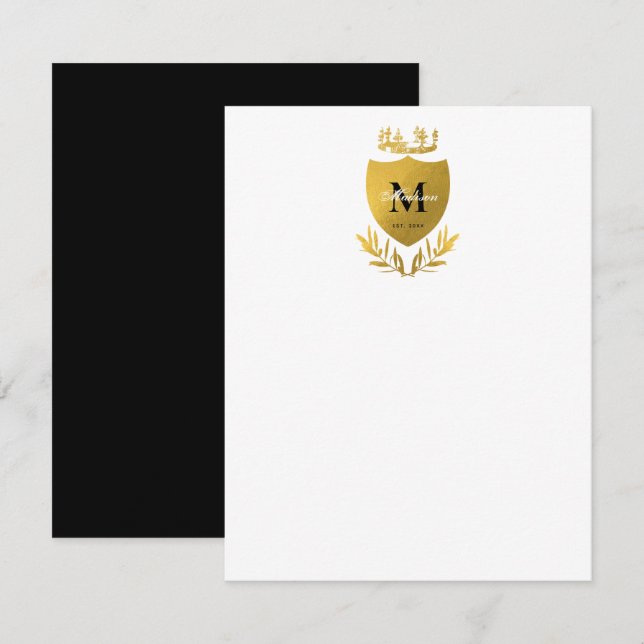 Tarjeta Pequeña Monograma de Escudo Real Negro y Oro (Anverso / Reverso)