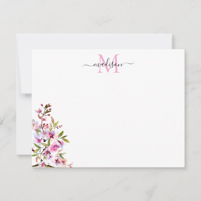Tarjeta Pequeña Monograma de flor de cerezo de primavera rosada Ru (Anverso)