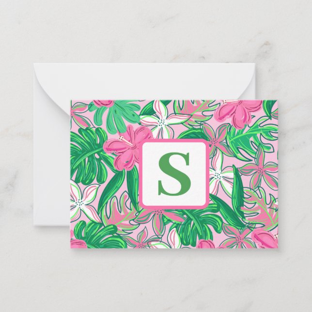 Tarjeta Pequeña Monograma de flor tropical Pink White Green Preppy (Anverso)