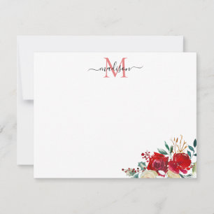 Tarjeta Pequeña Monograma de flores de Navidad bayas rojas acebo