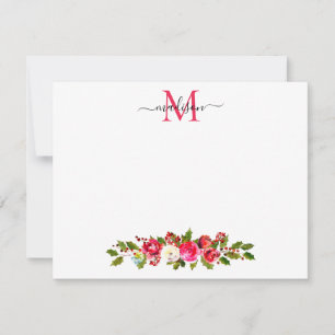 Tarjeta Pequeña Monograma de flores navideñas de acebo y bayas