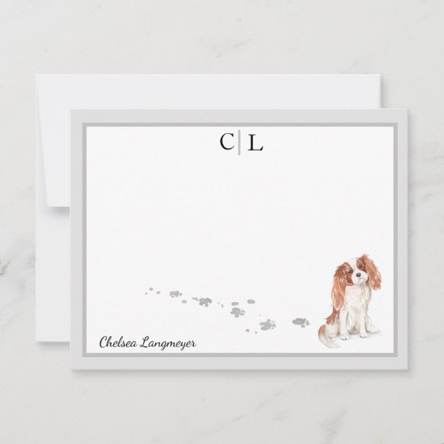 Tarjeta Pequeña Monograma de la frontera gris del rey Charles Dog (Anverso)