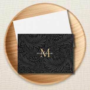 Tarjeta Pequeña Monograma de letra script floral dorado negro eleg