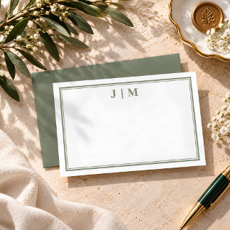 Tarjeta Pequeña Monograma de Línea Simple Verde Oliva