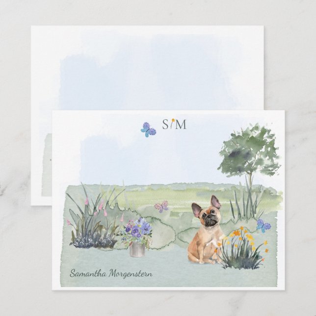 Tarjeta Pequeña Monograma de mariposa de perro de Bulldog francés (Anverso / Reverso)