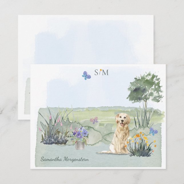 Tarjeta Pequeña Monograma de mariposa de perro de Golden Retriever (Anverso / Reverso)