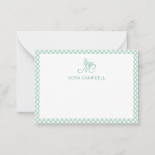 Tarjeta Pequeña Monograma de mariposa verde de Gingham personaliza