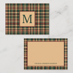Tarjeta Pequeña Monograma de Navidad a Cuadros Roja y Verde Vintag