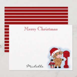 Tarjeta Pequeña Monograma de Navidad, vaca linda personalizada