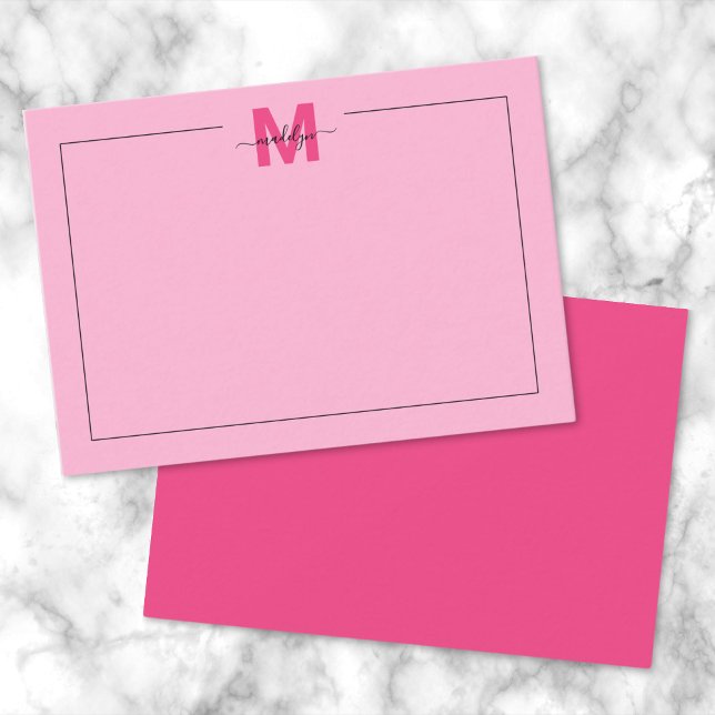 Tarjeta Pequeña Monograma de nombre con letra script rosa chica ca (Girly Hot Pink Script Name Monogram Note Card )