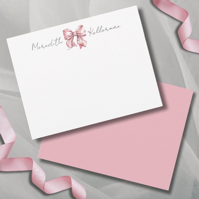 Tarjeta Pequeña Monograma de nombre de abalorio rosado personaliza (Personalized Pink Bow Name Monogram Note Card)