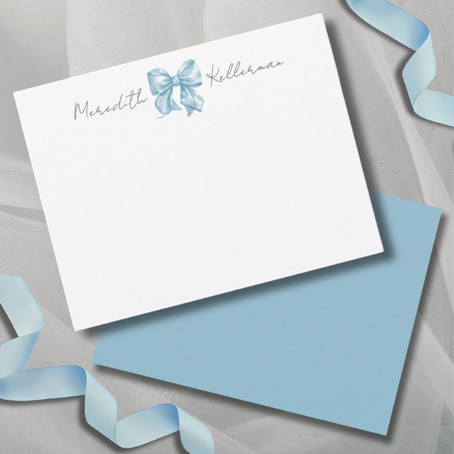 Tarjeta Pequeña Monograma de nombre de arco azul personalizado (Personalized Blue Bow Name Monogram Note Card )