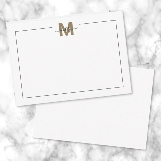 Tarjeta Pequeña Monograma de nombre de caligrafía de guión de oro  (Black Gold Script Calligraphy Name Monogram Note Card)