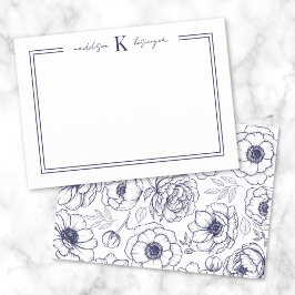 Tarjeta Pequeña Monograma de nombre floral azul marino