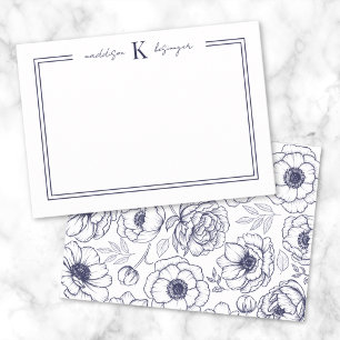 Tarjeta Pequeña Monograma de nombre floral azul marino