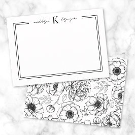 Tarjeta Pequeña Monograma de nombre floral blanco negro