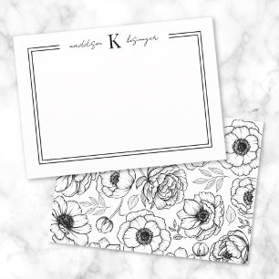 Tarjeta Pequeña Monograma de Nombre Floral Blanco Negro