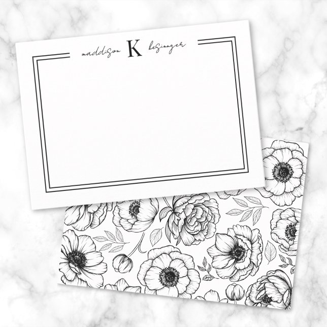 Tarjeta Pequeña Monograma de nombre floral blanco negro (Black White Floral Name Monogram Note Card )