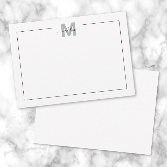 Tarjeta Pequeña Monograma de nombres de caligrafía en blanco negro (Black White Script Calligraphy Name Monogram Note Card)