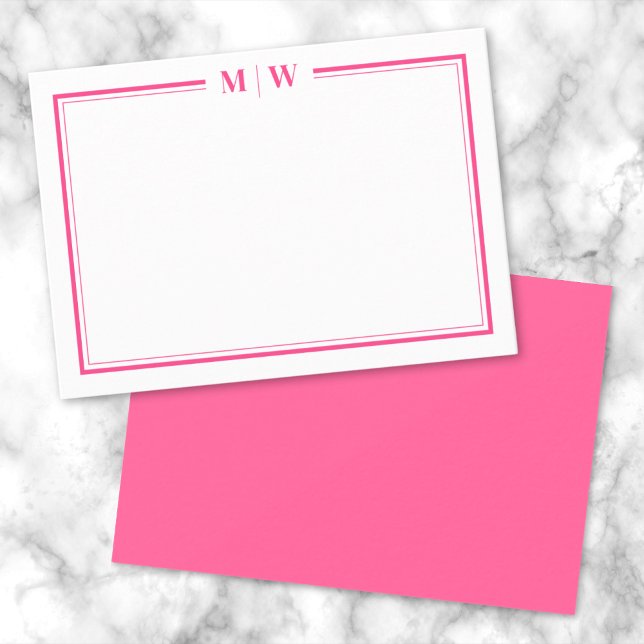 Tarjeta Pequeña Monograma de nombres de dos bordes rosados calient (Hot Pink Two Border Name Monogram Note Card)
