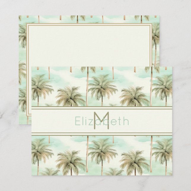 Tarjeta Pequeña Monograma de palmera tropical acuático y crema (Anverso / Reverso)